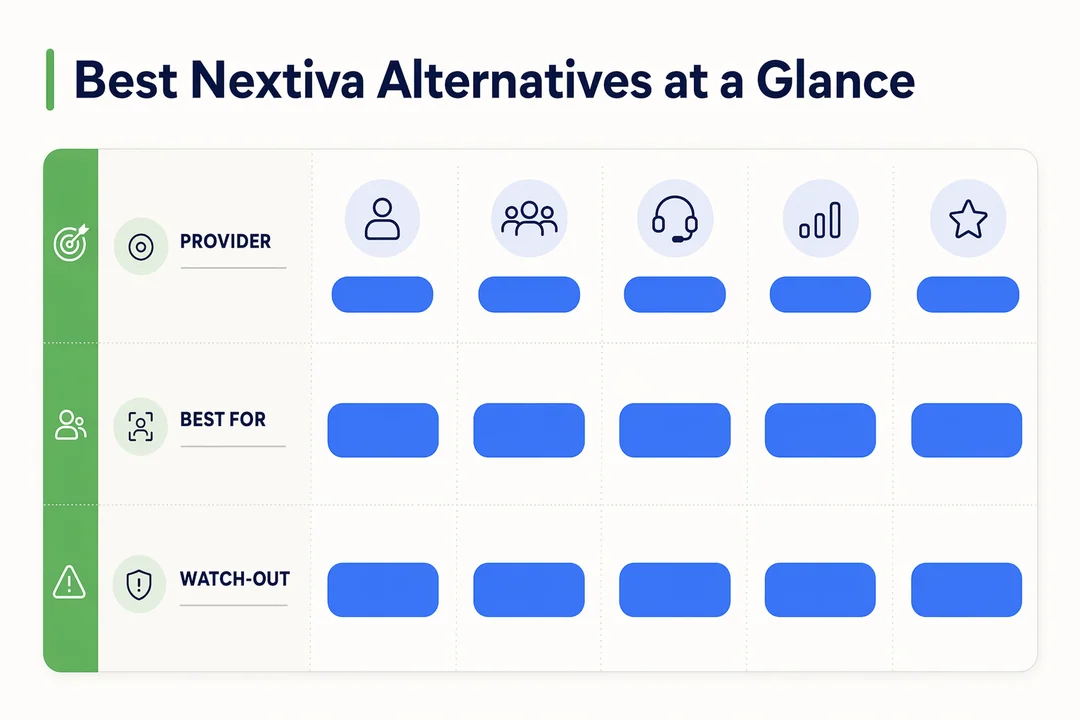 Best Nextiva alternatives at a glance: provider, best fit, and watch-out across 10 vendors.