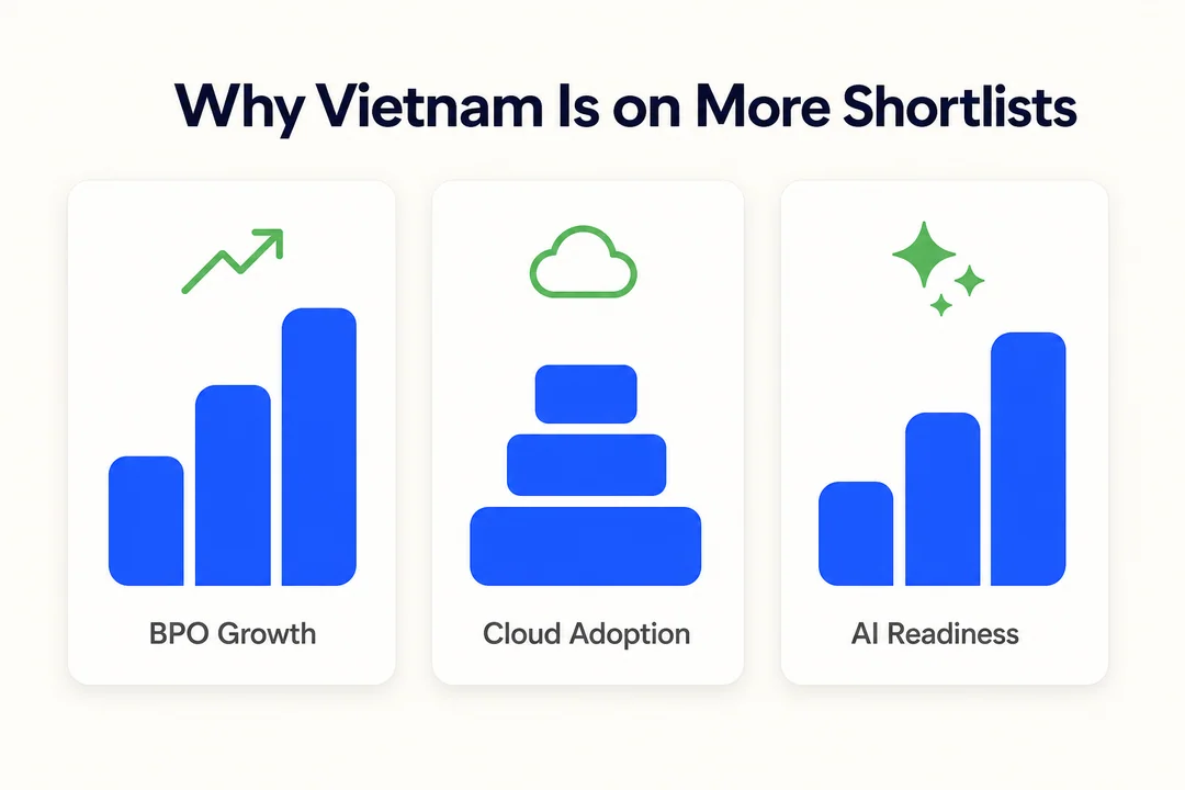 Vietnam BPO market trend infographic showing growth, cloud contact center adoption, and buyer evaluation factors including QA maturity, language capability, and launch speed.