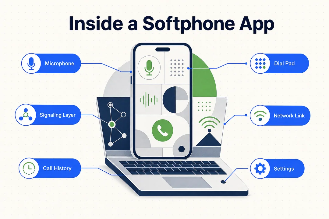Inside a Softphone App, editorial infographic supporting the article body.