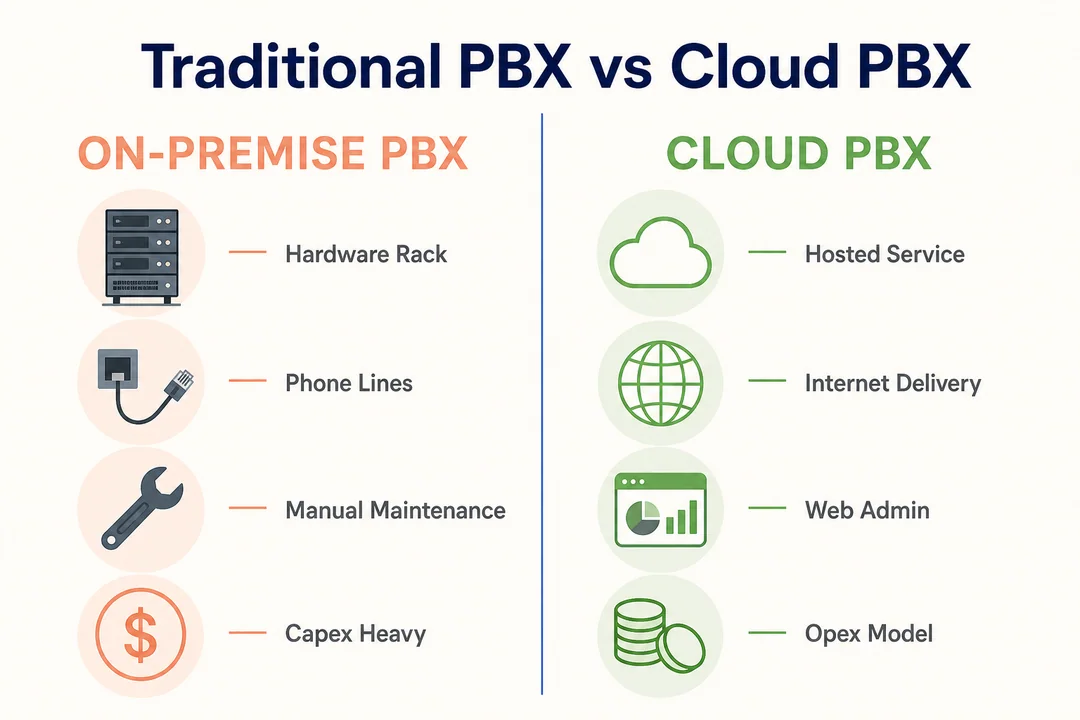 Traditional PBX vs Cloud PBX, editorial infographic supporting the article body.