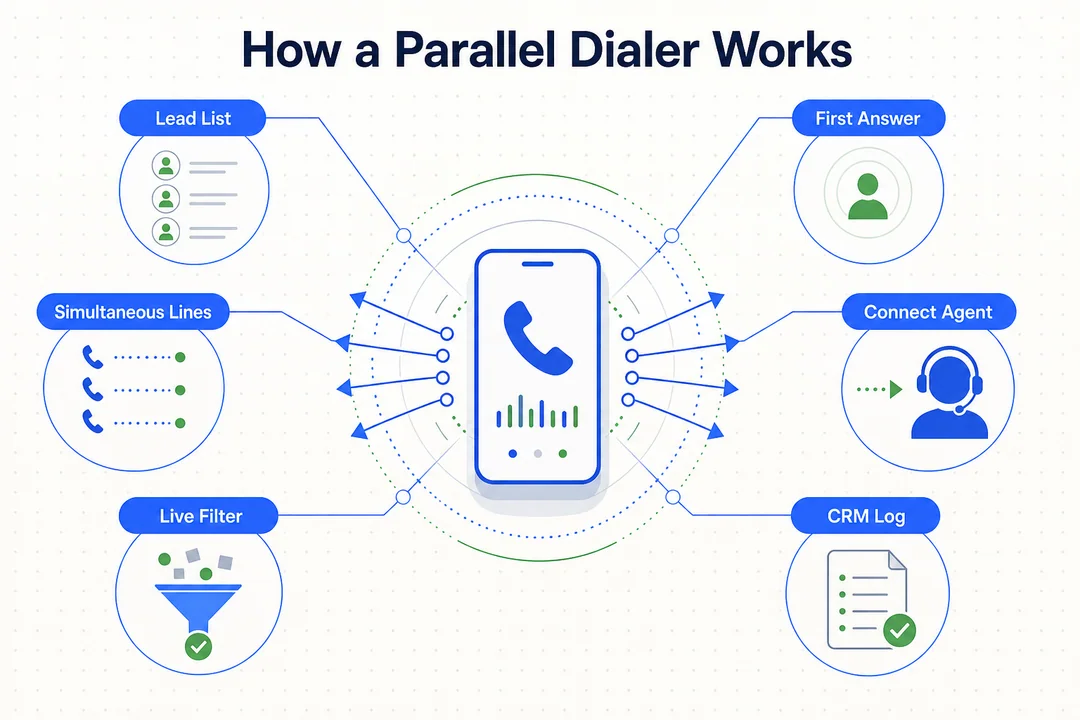 How a Parallel Dialer Works, editorial infographic supporting the article body.