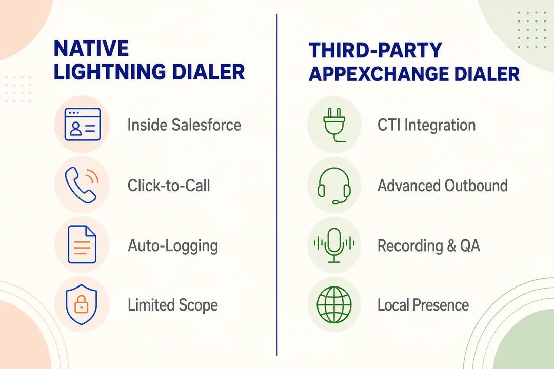 Native Salesforce Calling vs Third-Party Dialer, editorial infographic supporting the article body.