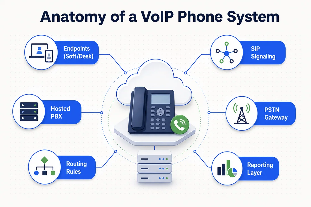 Anatomy of a VoIP Phone System, editorial infographic supporting the article body.