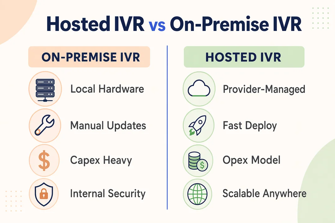 Hosted IVR vs On-Premise IVR, editorial infographic supporting the article body.