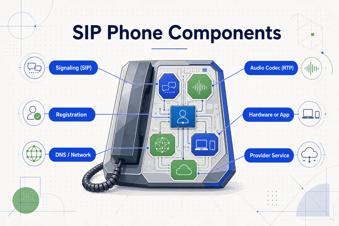 Компоненты SIP-телефона, редакционная инфографика, дополняющая основной текст статьи.