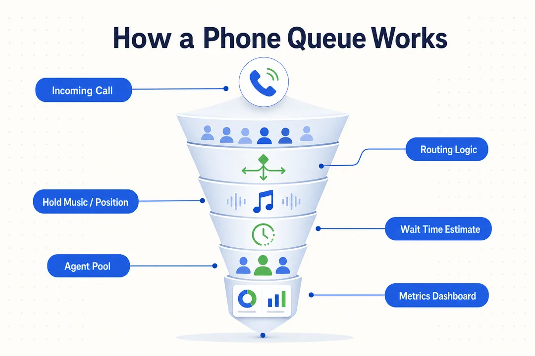 How a Phone Queue Works, editorial infographic supporting the article body.