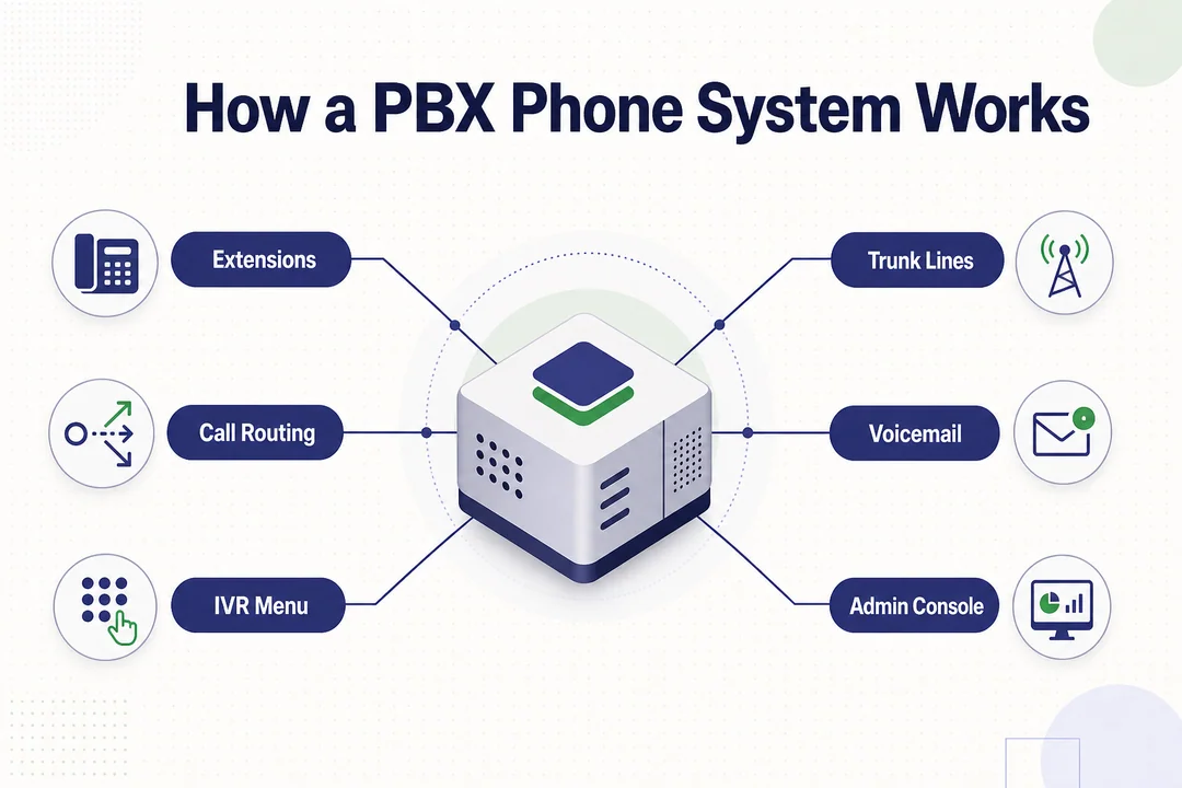 PBX电话系统的工作原理——支持本文的编辑信息图