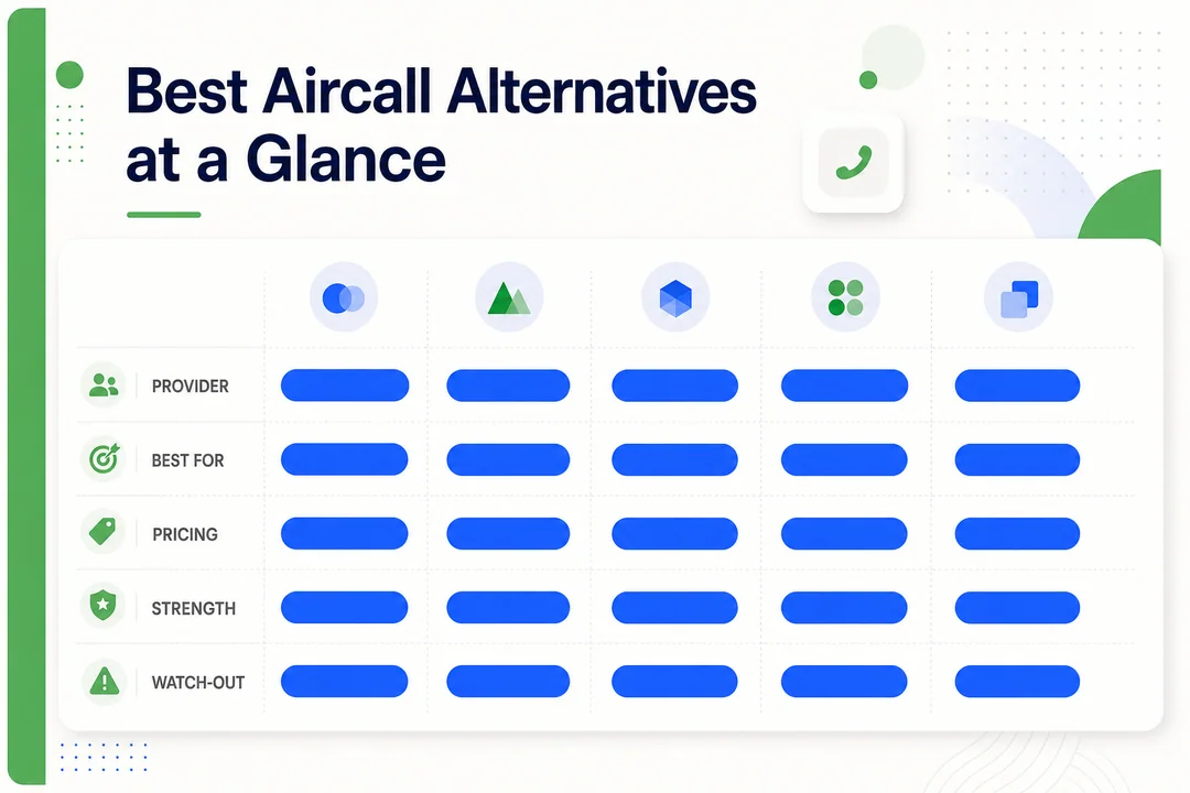 Comparison snapshot of the best Aircall alternatives at a glance, provider, best fit, pricing model, key strength, and watch-out.