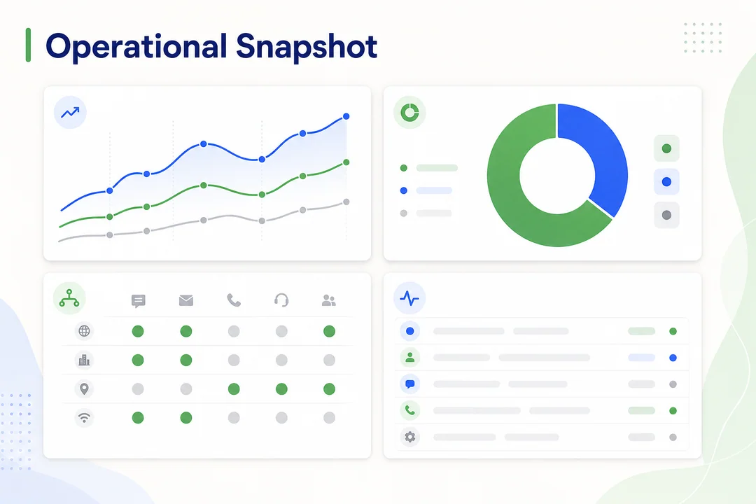 Flyfone operational snapshot dashboard showing live call performance, AI QA scoring, routing status, and real-time monitoring.