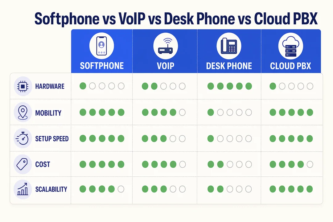 Softphone vs VoIP vs Desk Phone vs Cloud PBX, editorial infographic supporting the article body.