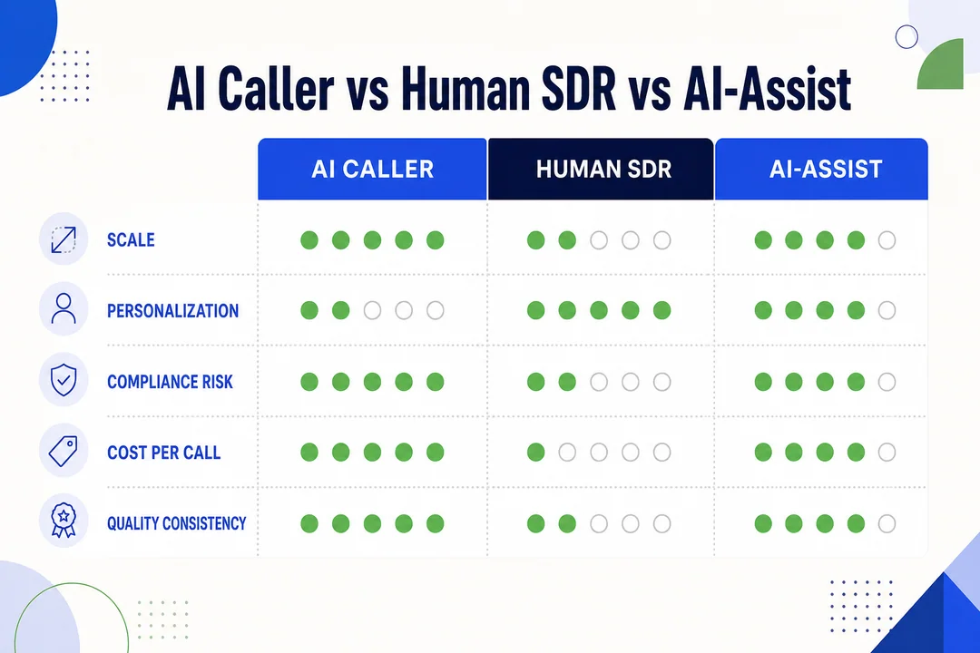 ИИ-звонящий vs человек-SDR vs ИИ-ассистент: редакционная инфографика, дополняющая основной текст статьи.