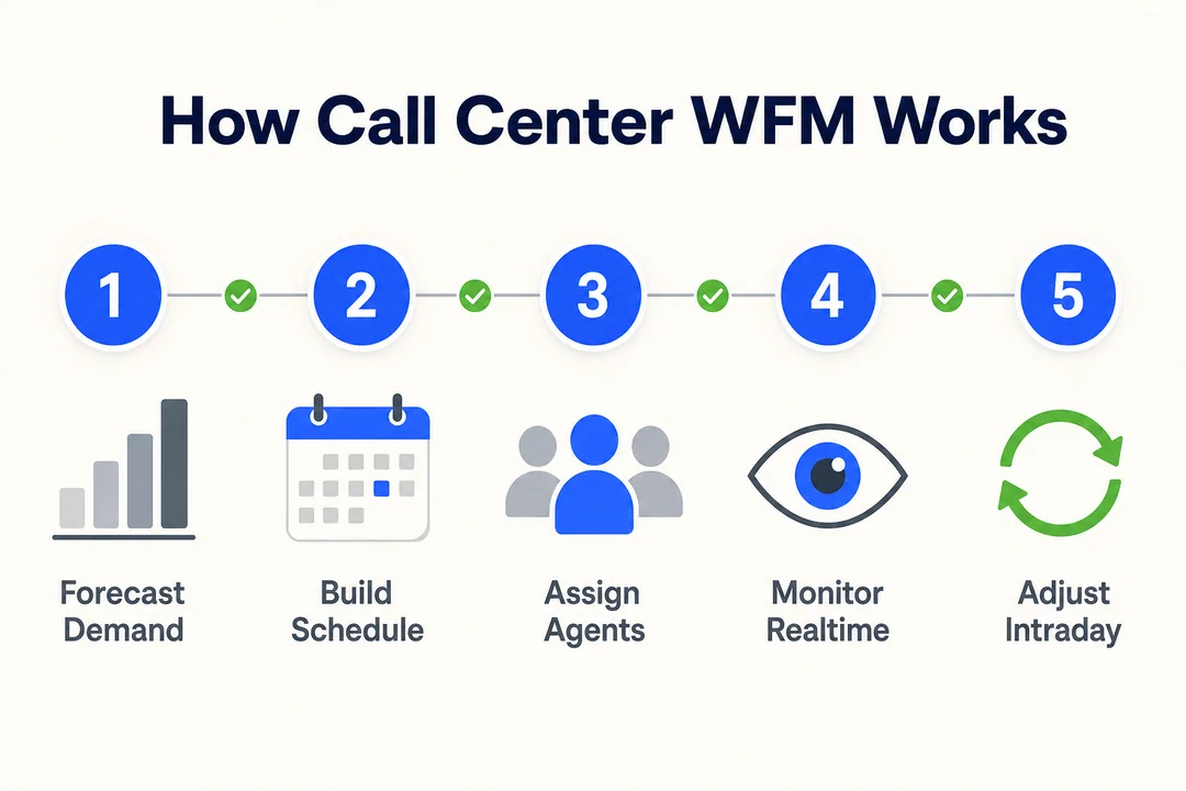 呼叫中心工作流管理（WFM）如何运作——配合文章的编辑信息图。
