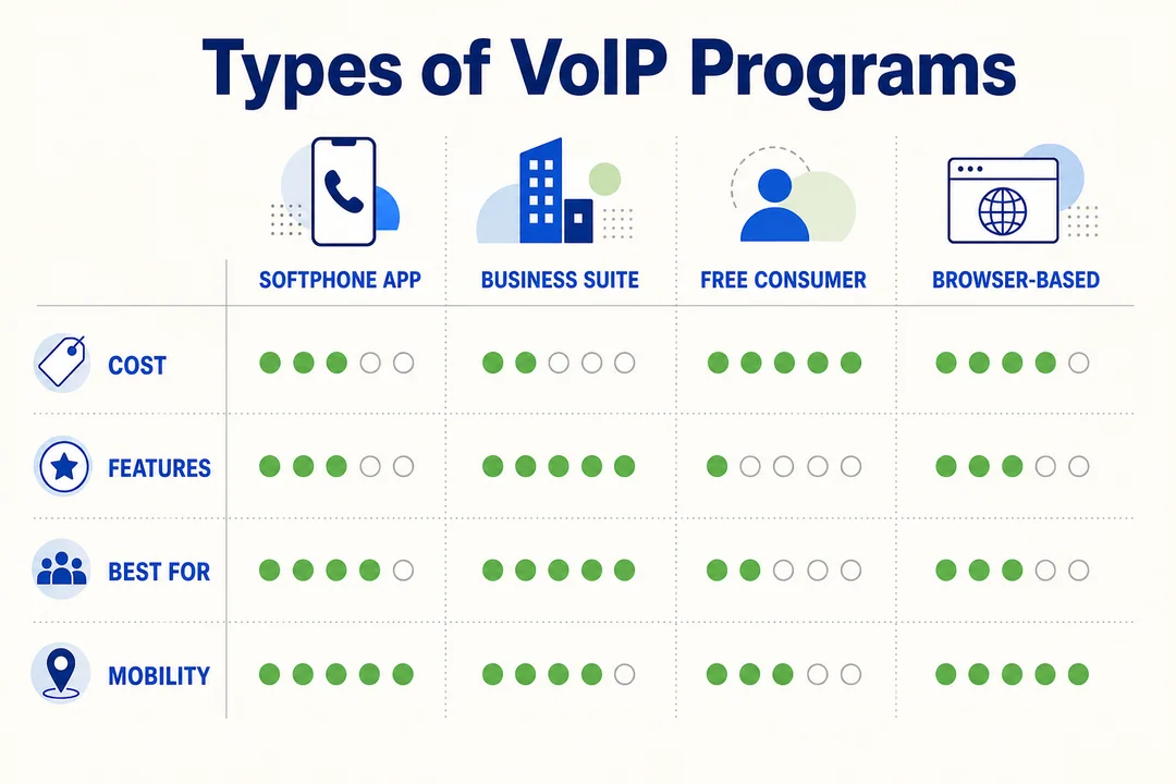 Types of VoIP Programs - editorial infographic supporting the article.