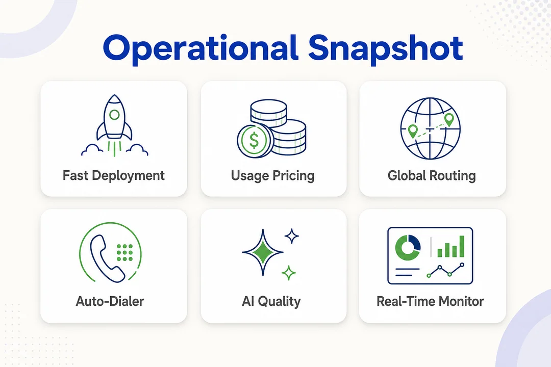 Flyfone capability snapshot: fast deployment, usage-based pricing, global routing, auto-dialer, AI QA, real-time monitoring.