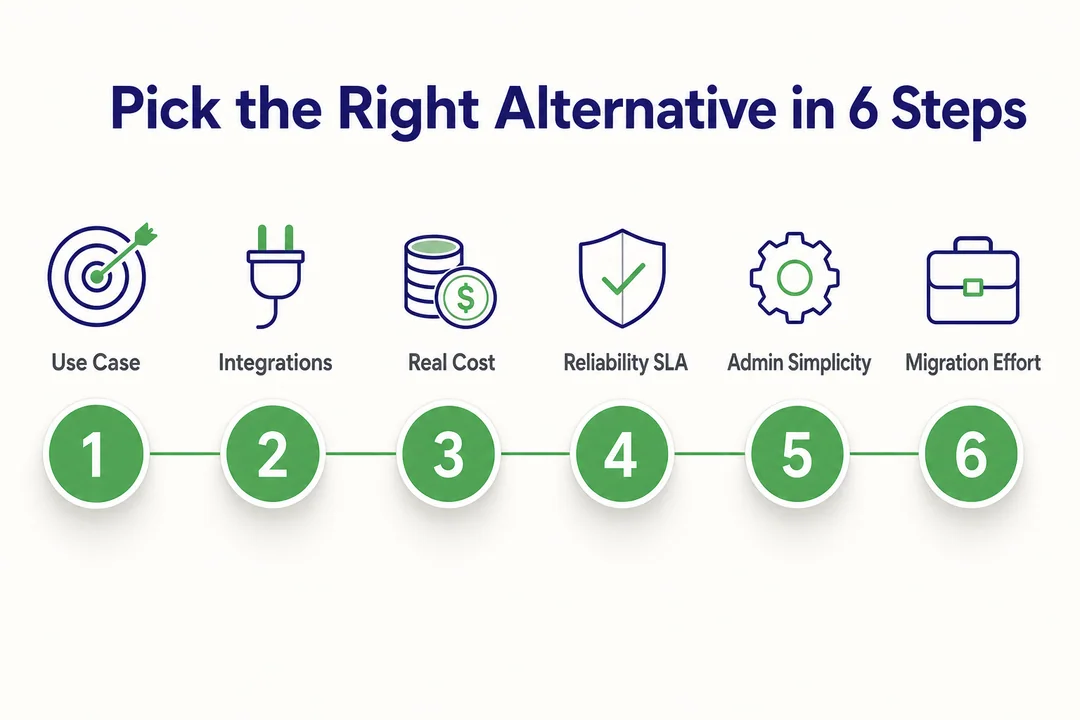 Six-step evaluation framework for choosing a Nextiva alternative: use case, integrations, real cost, reliability SLA, admin simplicity, migration effort.