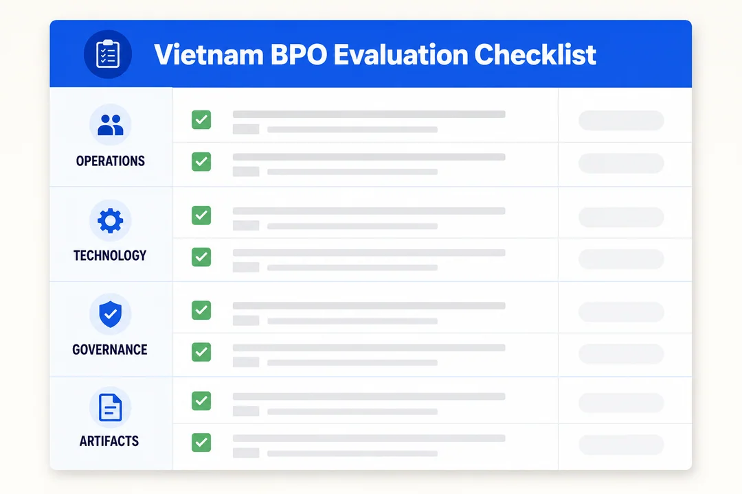 Procurement checklist for choosing a Vietnam BPO partner covering operations, technology, governance, and proof artifacts.