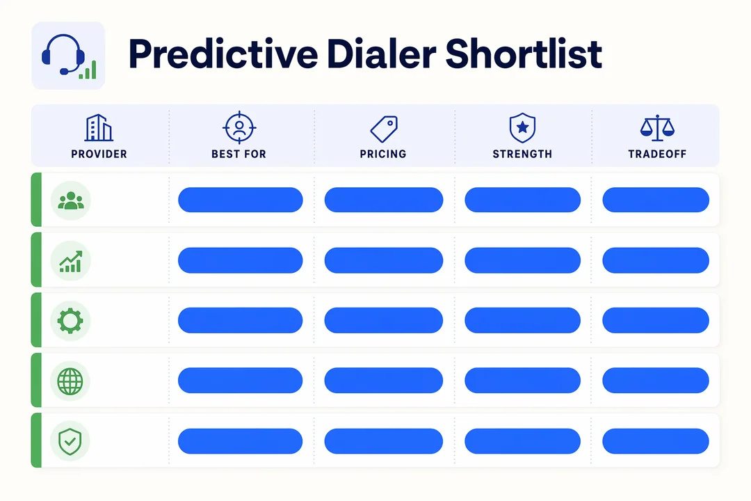 Vendor shortlist table for predictive dialer software: provider, best-for scenario, pricing model, strength, and tradeoff.