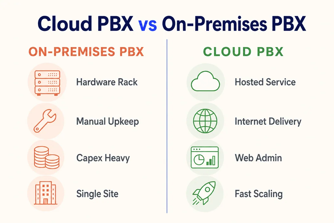 云PBX 与本地部署PBX——支持本文的编辑型信息图。