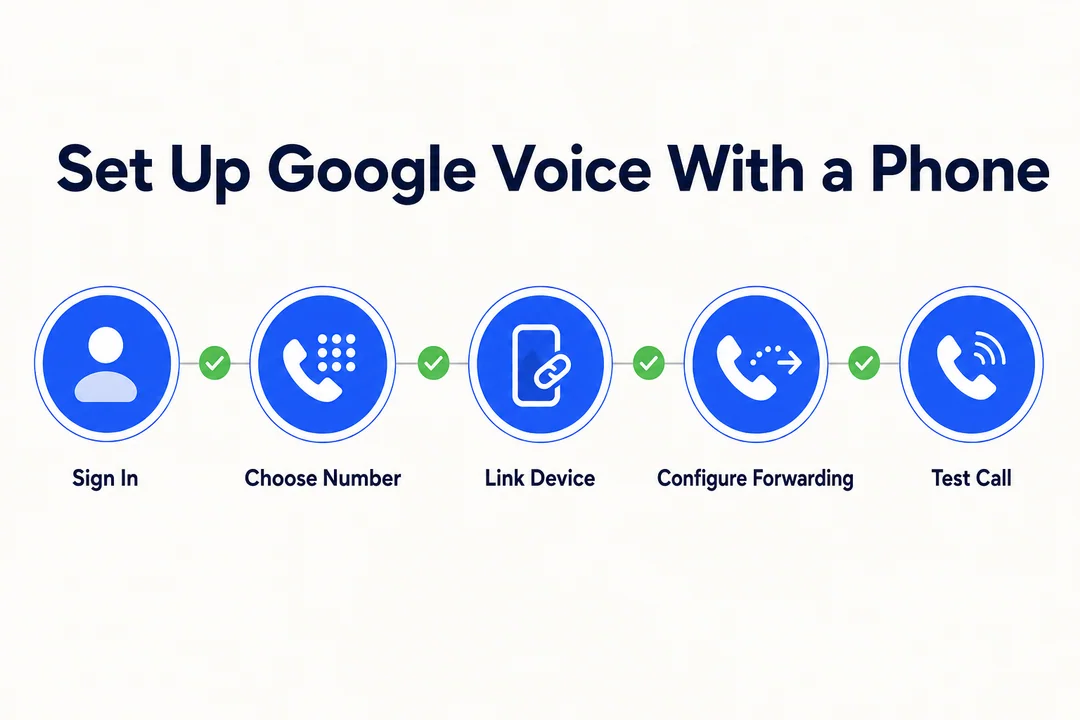 Настройка Google Voice с телефоном — редакционная инфографика, дополняющая статью.