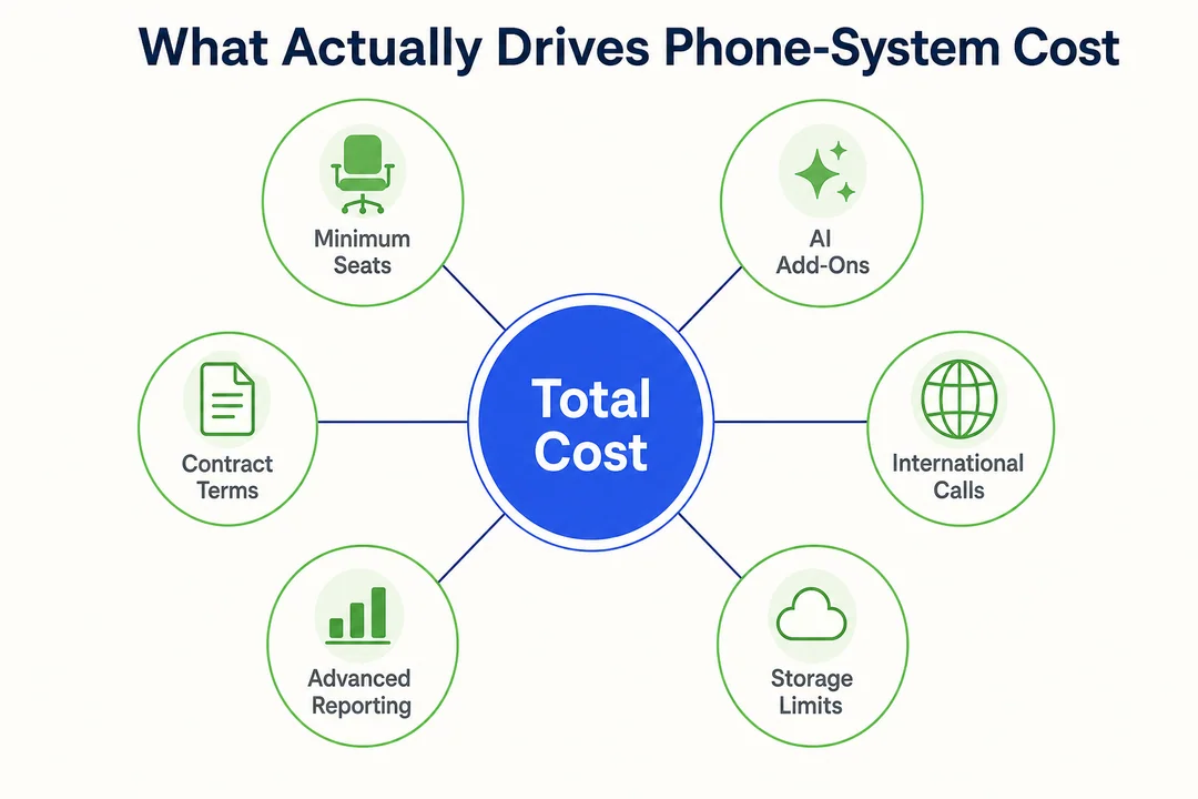 Six pricing drivers that shape the total cost of a cloud phone system, minimum seats, AI add-ons, international calls, storage, reporting, contract terms.