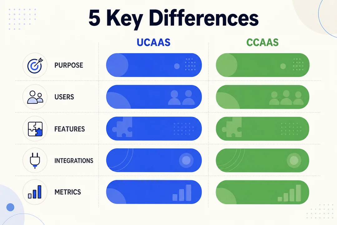 Five-point comparison matrix for UCaaS vs CCaaS across purpose, users, features, integrations, and metrics.