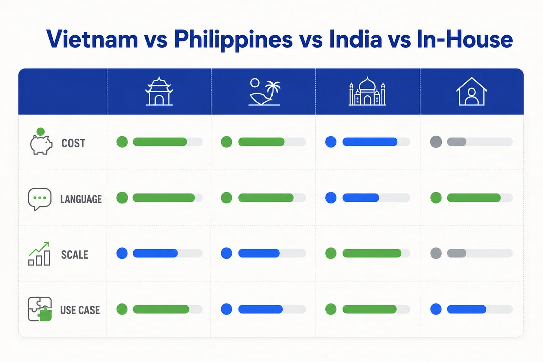 Country comparison table for Vietnam, Philippines, India, and in-house support across cost, language, scale, and typical use cases.