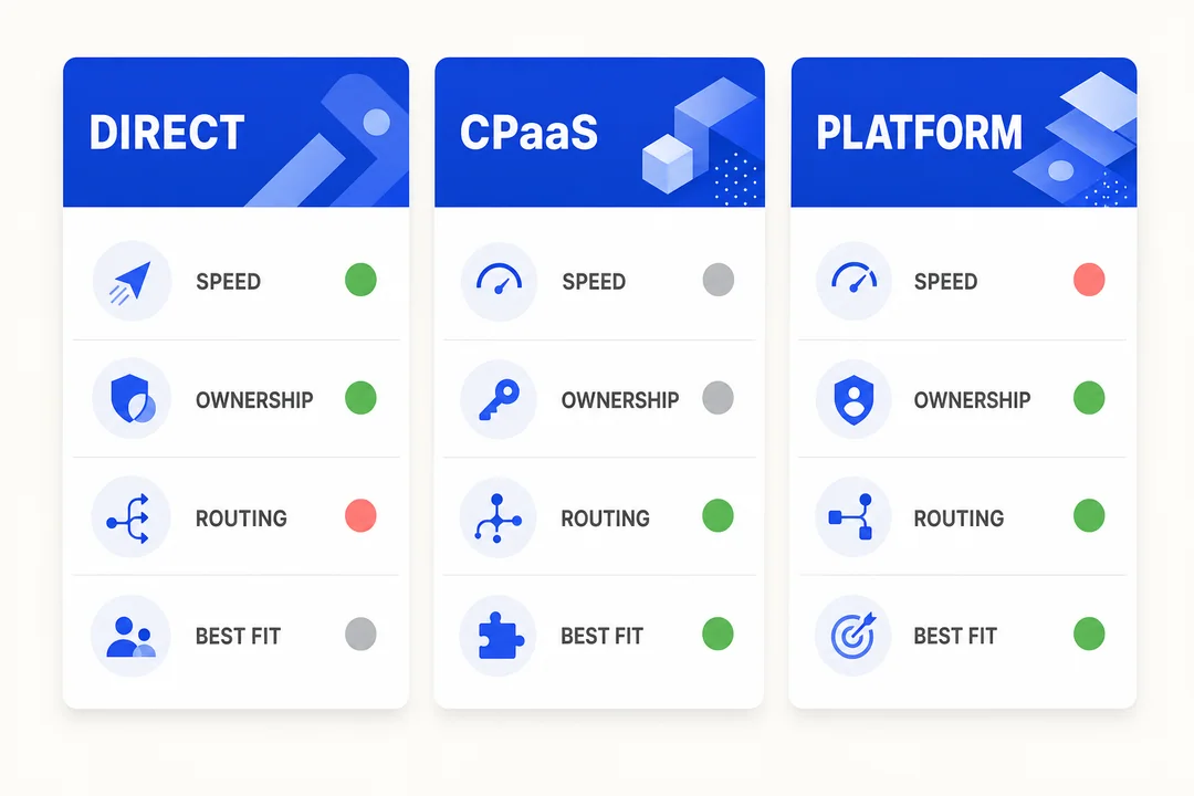 Comparison of Meta direct, CPaaS, and cloud contact center platform across deployment speed, ownership, routing, reporting, and best fit.
