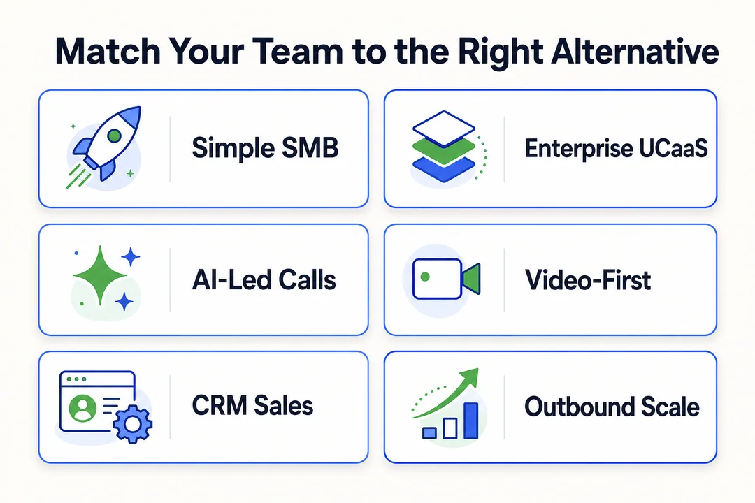 Scenario matrix matching team type to the best Nextiva alternative: simple SMB, enterprise UCaaS, AI-led calls, video-first, CRM sales, outbound scale.