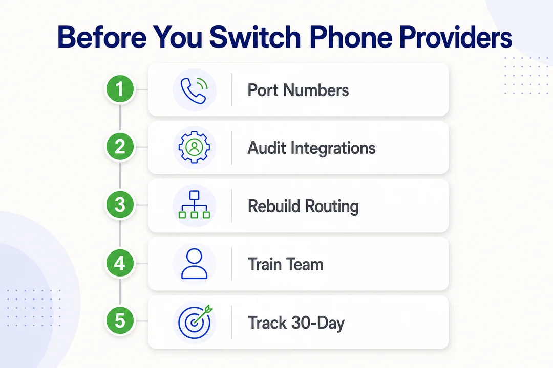 Five-step checklist before switching phone providers: port numbers, audit CRM integrations, rebuild routing, train team, track 30-day metrics.